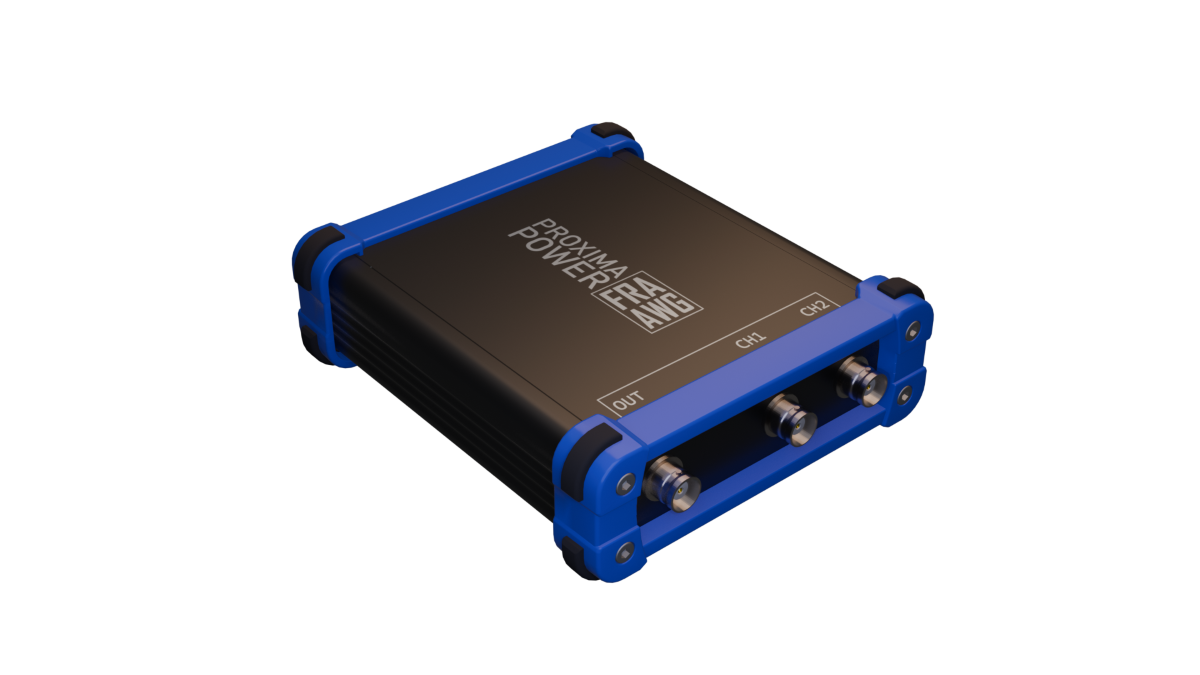 The Proxima Probe 10 frequency response analyzer: a black extruded-aluminium instrument in blue end bezels, with OUT, CH1 and CH2 BNC connectors on the front panel.